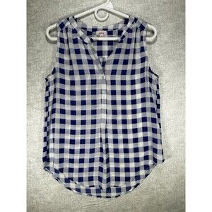 Pixley Shirt Women Small Blue White Check 1/2 Button Up V Neck Sleeveless Blouse